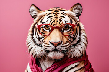 A tiger wearing red glasses is staring at the camera