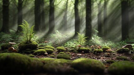 Light filters into tranquil woodland, showcasing vibrant ferns and mushrooms amidst mossy terrain 