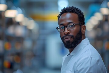 Fototapeta premium Professional African American male in lab coat inside the laboratory