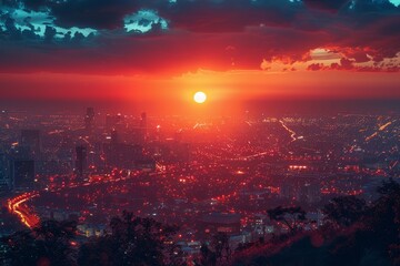 Fototapeta premium A striking nightfall over an urban landscape gleaming with lights and life, instilling a sense of wonder and infinity