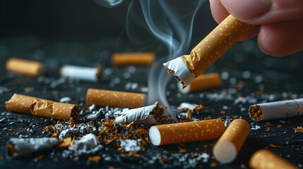 a human hand forcefully crushing a pile of cigarettes symbolizing the determination to quit smoking against a dark background - obrazy, fototapety, plakaty