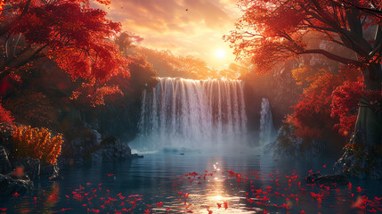 A majestic waterfall plunging into a serene pool, framed by vibrant autumn foliage as the sun sets in the distance. - obrazy, fototapety, plakaty