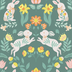 Seamless pattern with folk art design elements. Folk vector illustration with Easter bunnies on green background. Scandinavian traditional motif