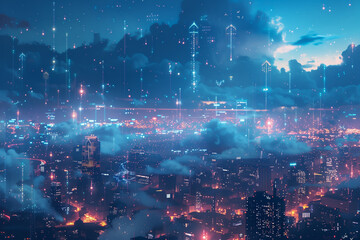 Night over a data-driven city, where clouds and binary stars cast a web of connections and keys, painting a picture of technological unlock and transformation.