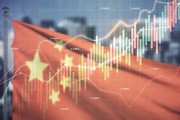 Abstract virtual financial graph hologram on Chinese flag and skyline background, financial and...