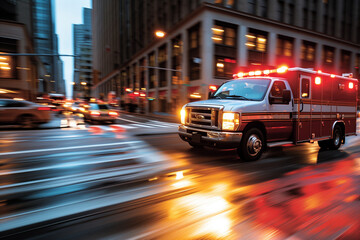 the intense moment of a hospital emergency vehicle speeding down an urban street, highlighting the critical nature of medical emergencies.