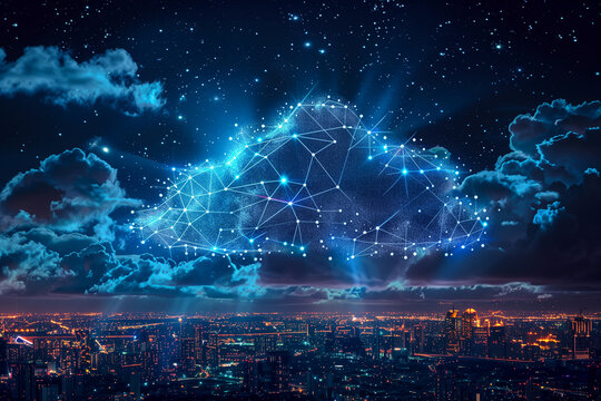 The essence of connectivity, with clouds and stars intertwined by binary links over a technologically advanced city, symbolizing the unlocking and evolving of data at night.