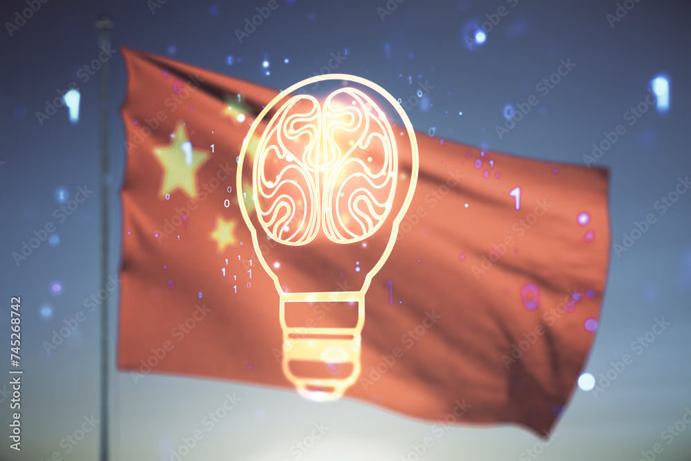 Poster double exposure of abstract virtual creative light bulb hologram with human brain on chinese flag an