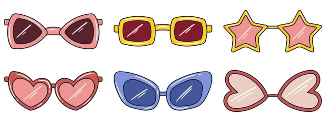 Set of different retro style, hippie sunglasses. Retro aesthetic vibe, 70's. Hand drawn vector flat style vector illustrations