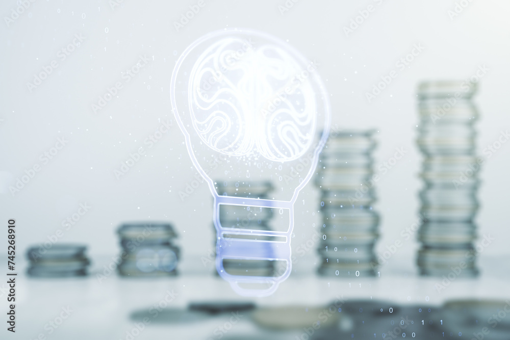 Aufkleber abstract virtual idea concept with light bulb and human brain illustration on stacks of coins backgr