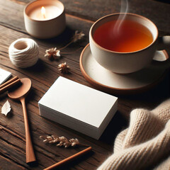 Mock-up of one white business cards on wooden background, with natural environment. Front view.