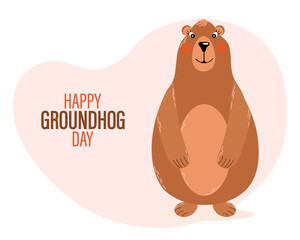 Happy groundhog day, funny groundhog character. Congratulation banner, postcard, poster, vector