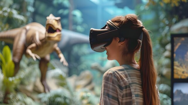 Young woman wearing a virtual reality headset using it to visualize a prehistoric world with real dinosaurs, game technology concept