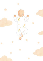 Watercolor newborn baby shower greeting card hand drawn template with cute little baby in sunflowers pajamas with stars and beige clouds. Postcard illustration A4 size poster