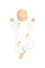 watercolor newborn hand drawn illustration of cute little sleeping baby in a sunflowers pajamas. Baby shower template for postcard, invitation, poster, nursery decor