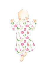 watercolor newborn hand drawn illustration of cute little sleeping baby in a flowers pajamas. Baby shower template for postcard, invitation, poster, nursery decor