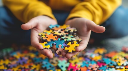 child's hands hold multi-colored puzzles. close