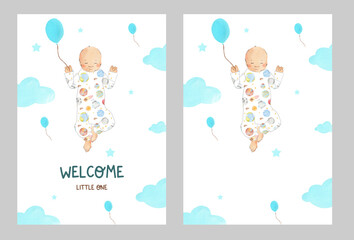 Watercolor newborn baby shower greeting card hand drawn template with cute little baby in cosmos and planets with stars pajamas with a balloons, stars, blue clouds. Set of two postcards illustrations