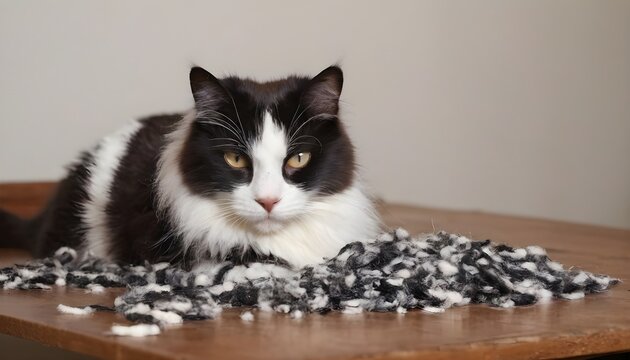 A black and white cat lies on a brown table, all covered in wool. Shedding cat. Brush for animals, shred of wool.