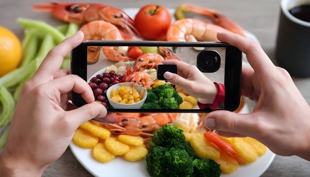 a man takes pictures of food on his phone. Shrimp, snack, fruit, meat, vegetables.