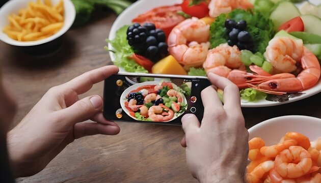 a man takes pictures of food on his phone. Shrimp, snack, fruit, meat, vegetables.