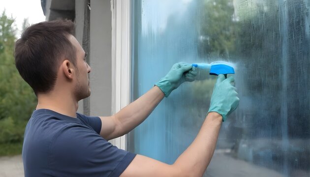 A man washes a window from the outside. The man sprays a blue cleaner on the glass of a plastic window