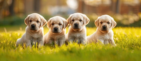 A group of Labrador Retriever puppies, known for their energetic and friendly nature, are sitting together on the vibrant green grass. The puppies are small in size, with fluffy fur and expressive