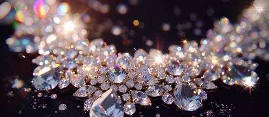 A collection of bright and shimmering diamonds scattered across a flat surface, creating a dazzling and luxurious display of precious gemstones. - obrazy, fototapety, plakaty