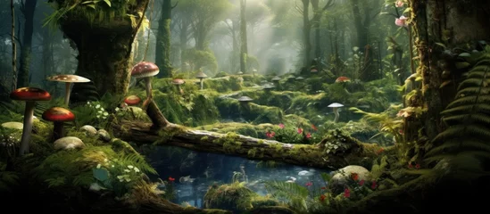Foto op Canvas the beauty of the natural forest, there are mushrooms and the river is highlighted by the morning sun © gufron