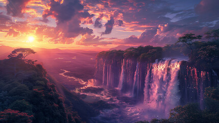 Twilight descends upon a cascading waterfall, casting long shadows across the landscape while the...