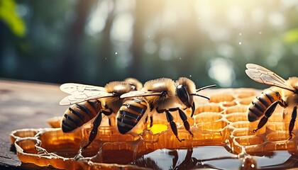 Three bees on honeycombs eat fresh honey collected in spring in fresh wax - obrazy, fototapety, plakaty