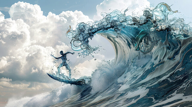 A surreal image of a surfer on a wave that morphs into majestic sea creatures, set against a backdrop of fluffy white clouds in a blue sky.Artistic representation of sport.AI generated.