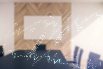 Abstract virtual financial graph hologram on a modern conference room background, forex and...