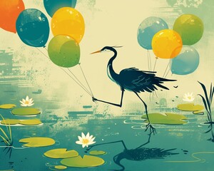 A happy heron wading with balloons dancing on water