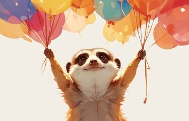 A mirthful meerkat peeping out from a cluster of balloons