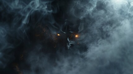 A mysterious djinn emerging from smoke glowing eyes piercing through the darkness - obrazy, fototapety, plakaty