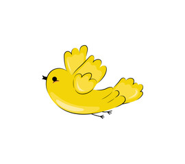 Cute yellow bird on white background. Nice bird cartoon style. Small yellow bird illustration. Coloring book element.