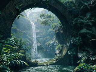 Ancient Mystical Portal Circle in Tropical Forest HD Print 9856x7424 pixels ar4:3. Neo Modern Art V4 16