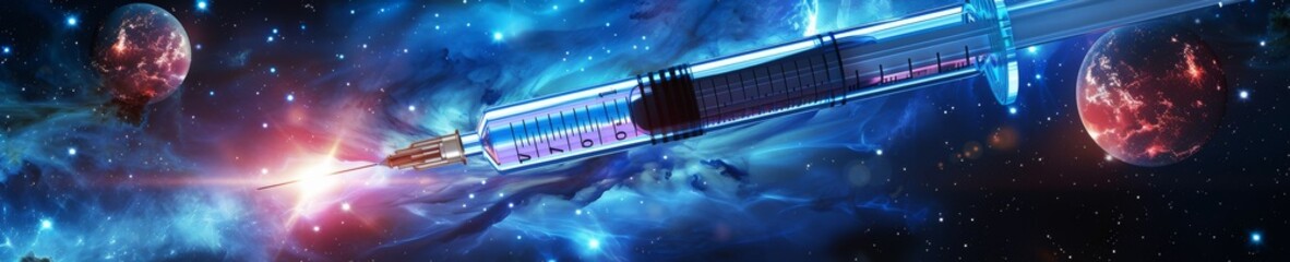A starship shaped like a syringe, traversing the cosmos, on a mission to deliver an interstellar healing elixir to distant planets - obrazy, fototapety, plakaty