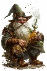 A surgeon dwarf, skilled in both magic and medicine, using a blend of herbs and surgical expertise in a fantasy clinic