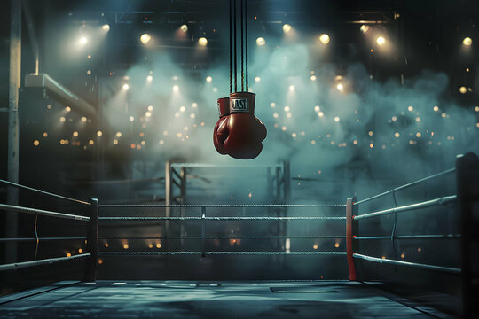 Hanging boxing gloves in an atmospheric ring. - Powered by Adobe