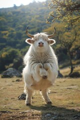 Fototapeta premium A yoga-master yak leading a class in a serene mountain setting, demonstrating poses with balance and tranquility