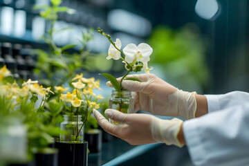 Botanical research, scientist in white lab coat holding an orchid breed cultivated in a glass...