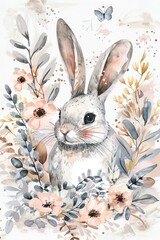 Easter rabbit with spring flowers and leaves wreath watercolor. Cute vintage bunny isolated on white background. vertical