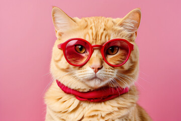 A cat wearing red glasses and a red bandana. The cat is sitting on a pink background