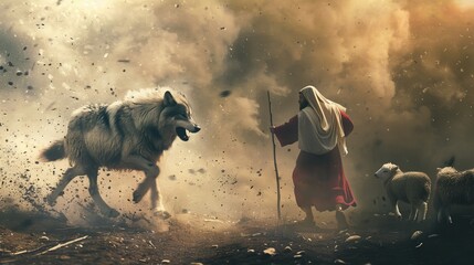 Dramatic scene of a wolf roaring at a little sheep Jesus running to intervene with a stick clear intense backdrop - obrazy, fototapety, plakaty