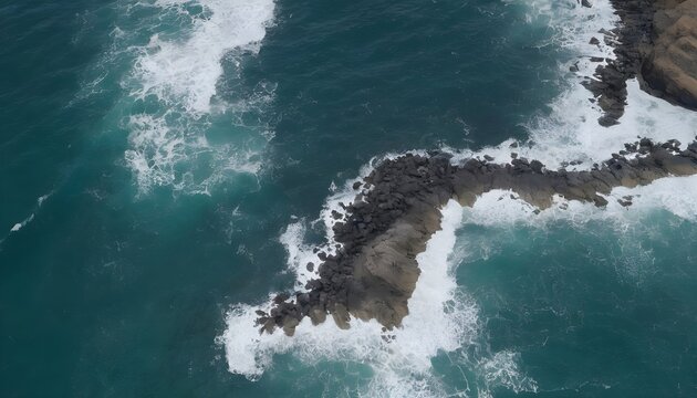 Aerial view from above of ocean, rocks and water waves in Pacific ocean