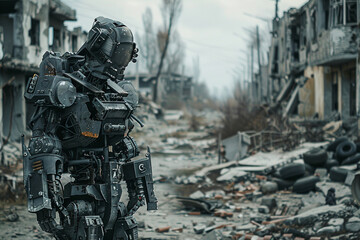 Amidst the rubble-strewn streets of the conflict zone, a combat humanoid robot stands sentinel, armed to the teeth with advanced weaponry, its metallic frame a formidable presence