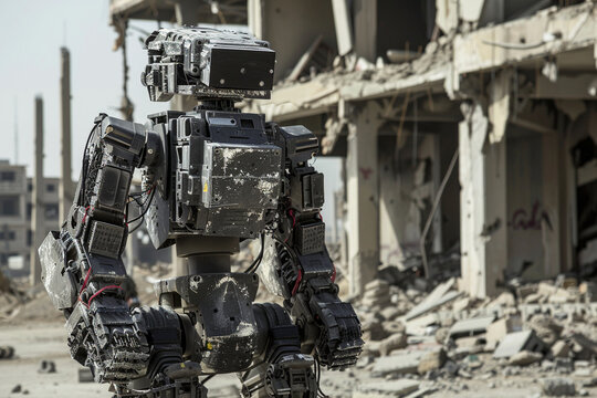 With the shattered remnants of buildings as its backdrop, a combat humanoid robot patrols the war-torn streets of the conflict zone, its presence a symbol of technological prowess