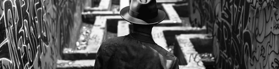 Monochrome image of a man in a fedora middle of an urban graffiti maze noir style